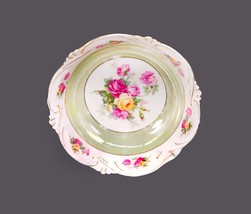 German lusterware round serving bowl. Pink, yellow roses, green band. Flaw. - £47.13 GBP