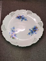 Vintage Pierced Porcelain 10&quot; CABINET PLATE Beautiful Blue Flowers - £8.98 GBP