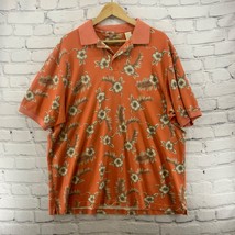 Caribbean Polo Shirt Orange Mens Sz L Silk Blend Hibiscus Floral Print FLAW - $19.79