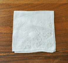 Vintage Lovely White Embroirded Initial &quot;A&quot; w/ Floral Design Handkerchief - £11.78 GBP