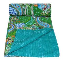 Indian Handmade Green Twin Paisley Cotton Kantha Quilt Throw Blanket Bedspread ( - £39.14 GBP+