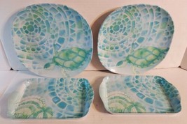 Modern Seashell Turtle Blue Melamine Plates Appetizer Trays 4 PC Beach O... - £18.19 GBP
