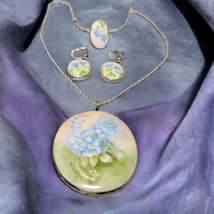 Vtg Set Hand Painted Blue Forget Me Not Flower  Sterling Necklace Ring Earrings - £224.21 GBP