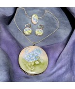 Vtg Set Hand Painted Blue Forget Me Not Flower  Sterling Necklace Ring E... - £223.51 GBP