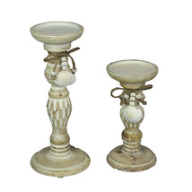 Set of 2 Wood Pedestal Candle Holder Rustic White Washed Pillar With Sea Shells - £33.29 GBP