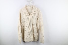 Vtg 50s 60s Womens L Donegal Wool Chunky Cable Knit Fisherman Cardigan Sweater - £87.00 GBP