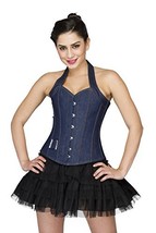 Blue Denim Halter Neck Burlesque Costume Overbust Corset Waist Training Bustier - £68.73 GBP