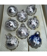 7 Vintage Commodore Glass Ball Ornament 2&quot; Metallic Silver Flowers 1 Blu... - $33.90 CAD
