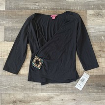 NWT Sunny Leigh Sz L Shirt Solid Black Long Sleeve Wrap Front Stretch Top - £11.27 GBP