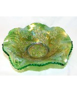 MILLERSBURG Vintage Satin Iridescent Green Carnival Glass Ruffled Edge Bowl Whir - £56.71 GBP
