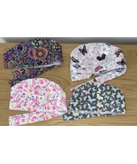 4 Elastic &amp; Tie Scrub Caps - Butterflies, Geo Floral, Breast Cancer Awar... - $19.80