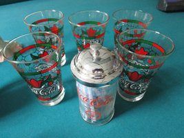 Coke-COLA Glasses TUMBLERS Stained Glass Christmas Poinsettias Straw Holder - $104.85