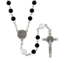 St. Benedict Medal Black and White Rosary with Black Velour Pouch Catholic - £10.38 GBP