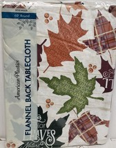 Flannel Back Vinyl Tablecloth 60&quot; Round, Fall Colorful Leaves With Text, Ap - £12.44 GBP