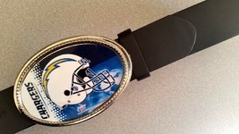  LOS ANGELES CHARGERS  Epoxy Buckle &amp; Black Bonded Leather Belt  - £22.15 GBP