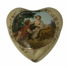Vtg 4” Rococo Porcelain Hand-Painted Heart Shaped Trinket jewelry Box Gold Trim - £33.59 GBP