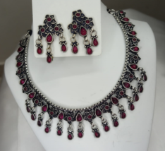 Bollywood Style Indian Antique Silver Plated Choker Necklace Ruby Jewelry Set - £45.77 GBP