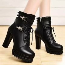 Women&#39;s High Heel PU Leather Lace-Up Black Round Toe Platform Ankle Boot... - £49.52 GBP