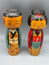 Vintage Japanese Kokeshi Salt Pepper Shakers Hand Painted Wooden Dolls - $461.73 MXN