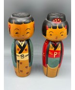 Vintage Japanese Kokeshi Salt Pepper Shakers Hand Painted Wooden Dolls - $24.63