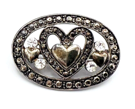 Vintage Premier Designs Oxidized Silver Tone Faux Marcasite Heart Brooch Pin - £11.06 GBP