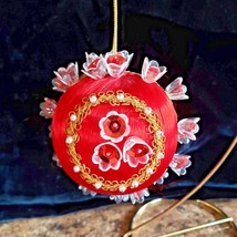 Handmade Red Satin Ball Ornament Beaded Sequins Rick Rack Gold Vintage 4&quot; - £7.15 GBP