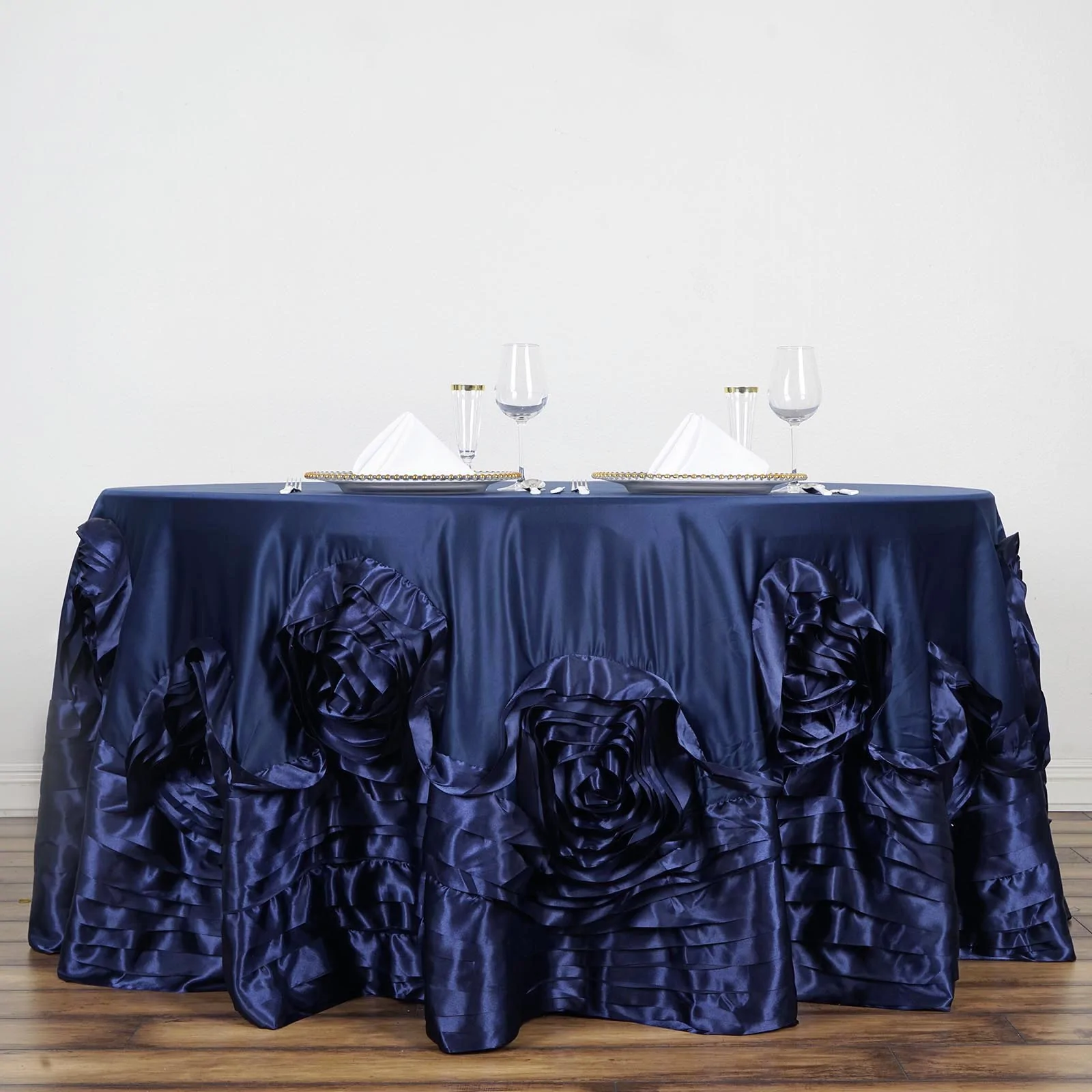 Navy Blue - 132&quot; Tablecloth Large Rosette Round Lamour Satin Wedding Party - £95.84 GBP