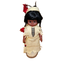 Vintage Native American Indian Girl Doll on Wooden Slice Leather Dress 1... - £10.96 GBP