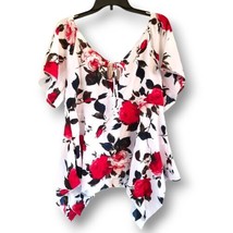 Dressfo Womens Size XXL Red Rose Floral White Keyhole Blouse - £17.93 GBP