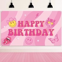 Preppy Birthday Party Backdrop Hot Pink Smiling Face Lip Butterfly Banner Extra  - £19.17 GBP