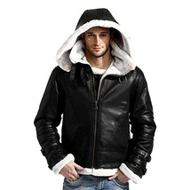 B3 Aviator Black Hooded Bomber Leather Jacket - £114.02 GBP