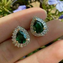 3 Ct Simulated  Emerald Diamond Halo Stud EarringGold Plated 925 Silver  - £76.52 GBP