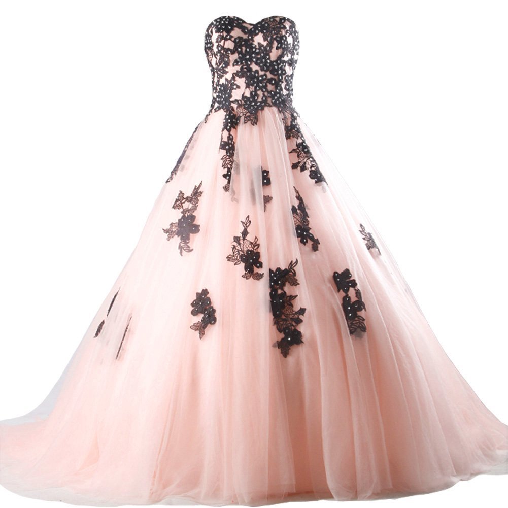Kivary Beaded Black Lace Long A Line Tulle Gothic Prom Wedding Dresses Nude Pink