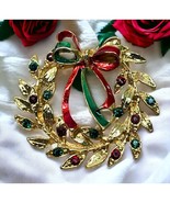 Vintage Christmas Wreath Brooch Pin Gold Tone Red Green Ribbon - £15.77 GBP