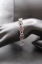 Vtg Avon Silver Tone Flower Link Bracelet w/ Fuchsia Rhinestones - $14.99