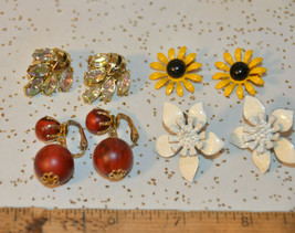 Vintage jewelry lot clip Earrings AB rhinestone signed Hong Kong enamel ... - $29.69
