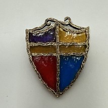Vintage Brooch Artisan Stained Glass Shield Gold pendant 2.5&quot; red purple... - £14.80 GBP