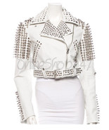 New Woman Punk White Full Silver Spiked Studded Brando Biker Leather Jacket - £165.18 GBP