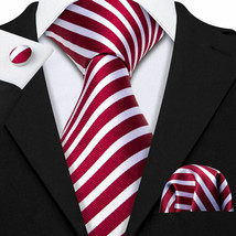 Red (Thin Striped) Necktie Set includes Hanky and Cufflinks - $19.99
