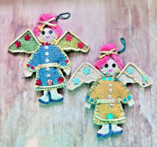 2 PC Handmade 1970s Colorful Burlap Angles Christmas Ornaments - $9.41