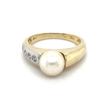 Pearl Solitaire &amp; Diamond Ring REAL Solid 14 K Yellow Gold 3.7 g Size 6 - £471.47 GBP