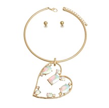 Angled Heart CutOut AB Crystal Pendant Gold Plated Rigid Collar Necklace Set 18&quot; - £43.15 GBP