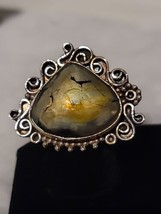 Sterling Silver Plated &quot;Golden Rutile&quot; Ring Size 6 natural Stone BOHO 1-1/2 - £14.67 GBP