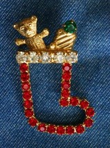Prong-set Rhinestone Gold-tone Christmas Stocking Brooch 1960s vintage 1 3/4&quot; - £11.76 GBP