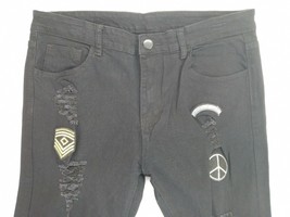 Men&#39;s Jeans Size 35&quot; W x 29.5&quot; L Skinny Black Denim Army Peace Patch Dis... - £11.91 GBP