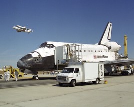 Space Shuttle Endeavour on runway while Columbia does flyby on 747 Photo Print - £6.96 GBP