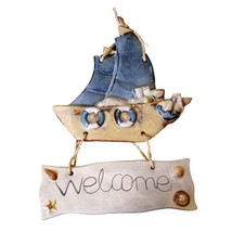 Vtg 3D Nautical Pottery Hanging Sailboat &amp; Welcome Plaque Sign Wall Beach Decor  - £29.79 GBP