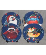 Set (4) Cypress Home CHRISTMAS PENGUINS Salad/Dessert Plates GREAT GRAPH... - $29.69