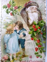 Joyful Christmas Postcard Santa Claus Brown Coat Embossed Elizabeth NJ 1911 - £29.38 GBP