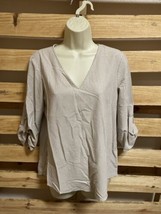 Calvin Klein Tan Beige White Striped V-Neck Long Sleeve Woman&#39;s Size Med... - £11.68 GBP